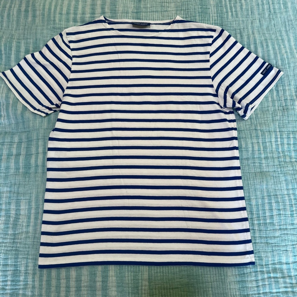 Saint James Striped Tee White Navy Blue Nautical Short Sleeve XS Made in France